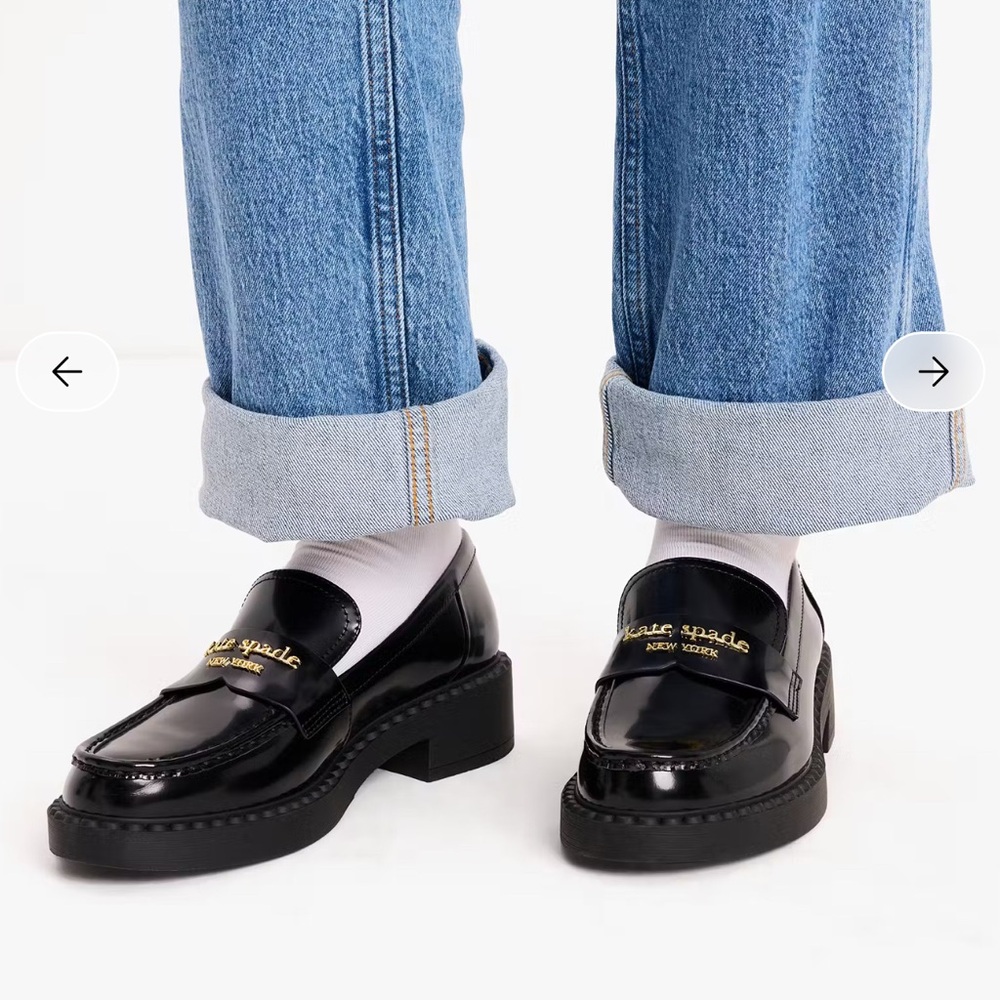 Kate Spade Glossy Black Loafers with Gold Detail US10